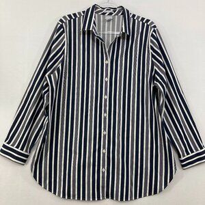 Chico's size 16 Gray White Striped Preppy Long Sleeve Button Down Office Career